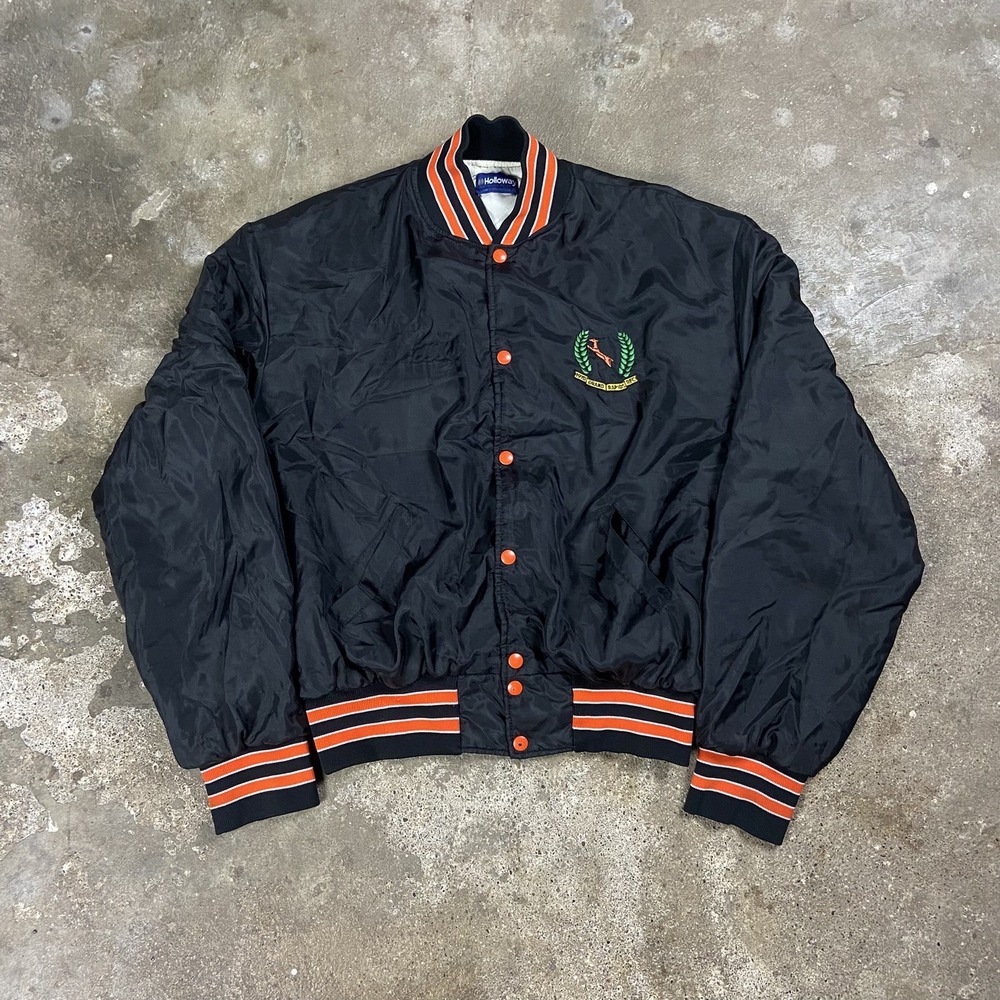Vintage 70s Holloway Grand Rapids Rugby Bomber Jacket Size XL Black Snapdown
